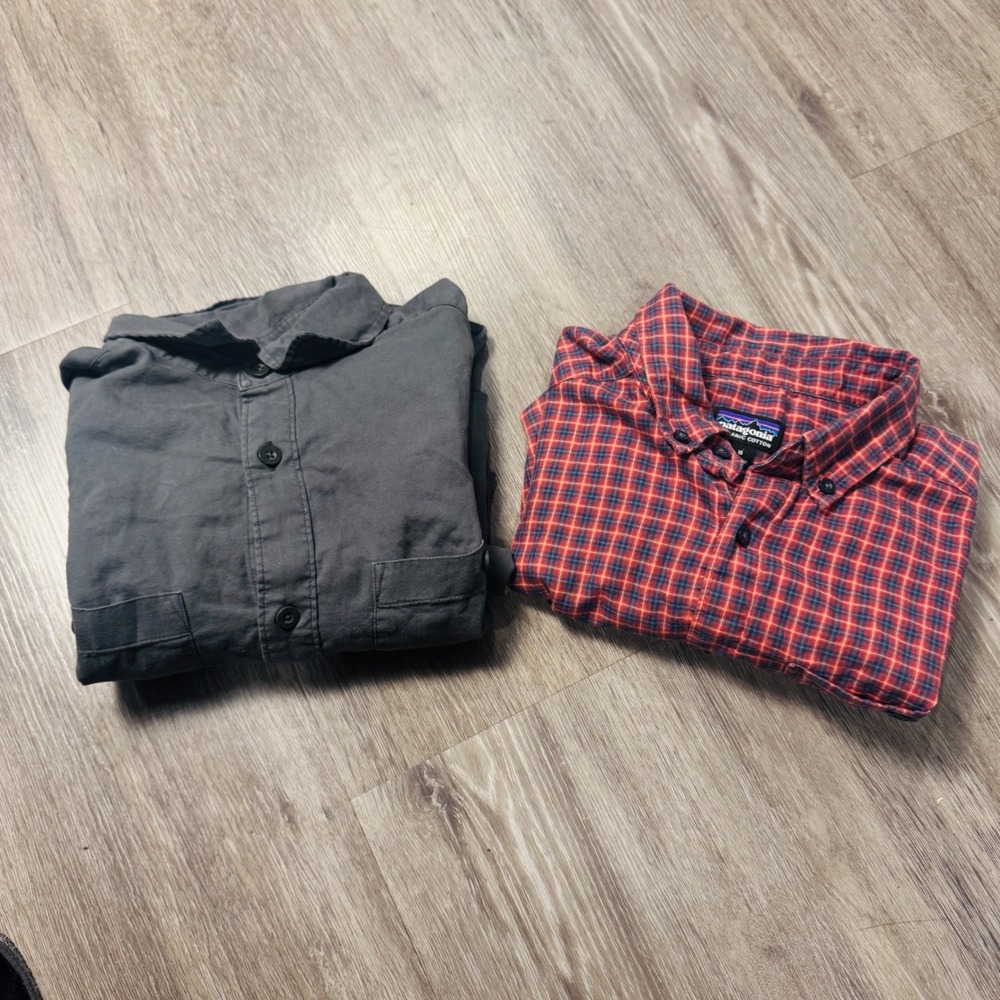 Patagonia Mens Organic Cotton Button Down Shirt Bundle Grey Plaid Size M Lot 2